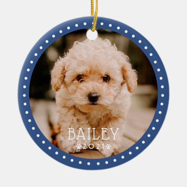 Modern och lekfull dots Pet Hund Puppy Tass Photo Julgransprydnad Keramik (Framsidan)
