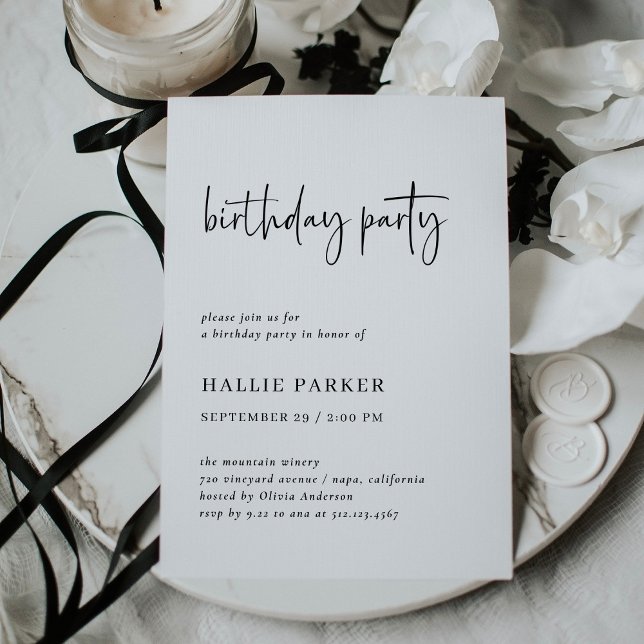 Modern och minimal svart och vit Födelsedagsfest Inbjudningar (A modern, minimal adult birthday party invitation in elegant black and white)