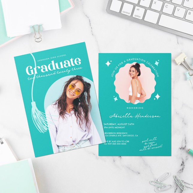 Modern och Retro Teal Studenten-inbjudan Inbjudningar (Skapare uppladdad)