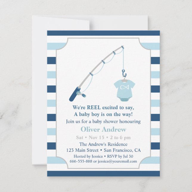 Modern och söt fisketemat baby shower inbjudningar (Framsida)