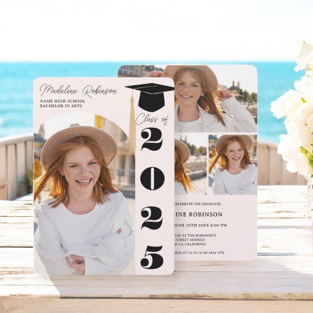 Modern  och svart 4 foton Studenten Inbjudningar (Modern Blush and Black 4 photos Graduation Invitation)