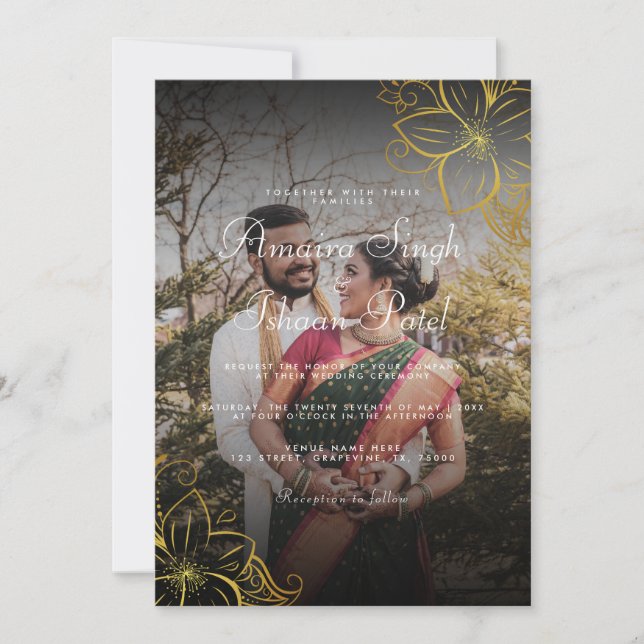 Modern och traditionell Guld-mehndi Indiska Bröllo Inbjudningar (Framsida)