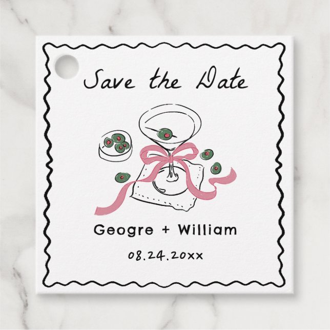 Modern och Whimsical Martini Hand plockade Bröllop Gåvor Etiketter (Framsida)