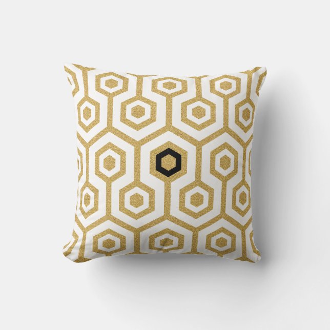 Modern Octagon Mönster White & Guld Glitter Kudde (Framsida)