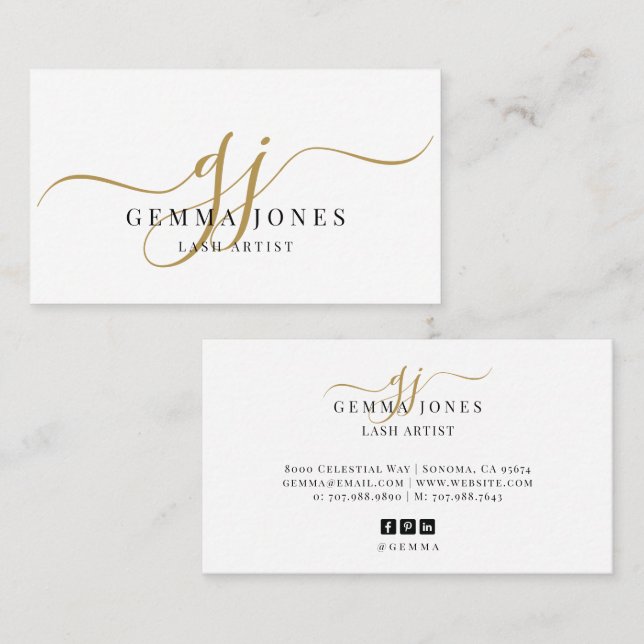 Modern ögonfransstylist Guldskript Monogramnamn Visitkort (Fram/baksida)