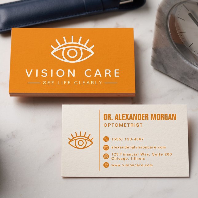 Modern Ögonläkare Ren Optiker Synvård Visitkort (Simulated business cards on table)