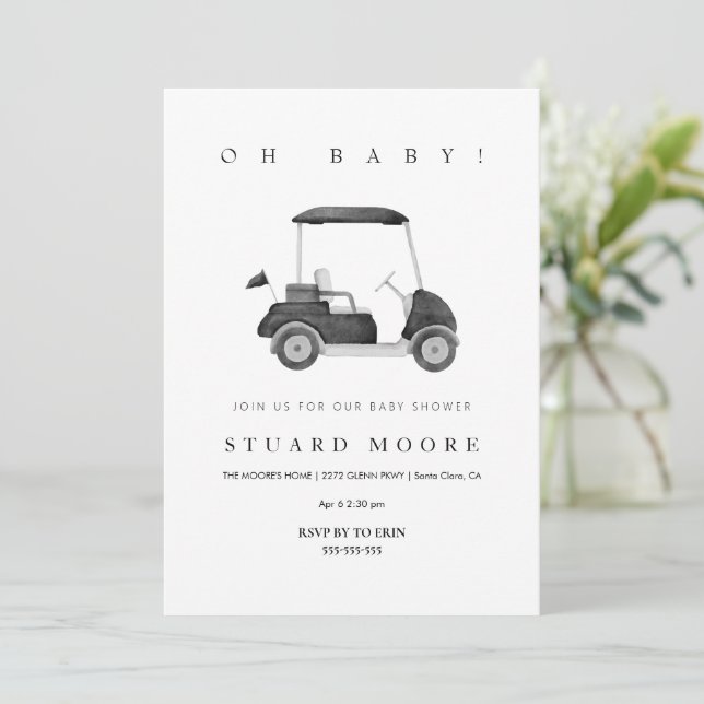 Modern Oh baby Black, minimal golf babydusch Inbjudningar (Stående Fram)