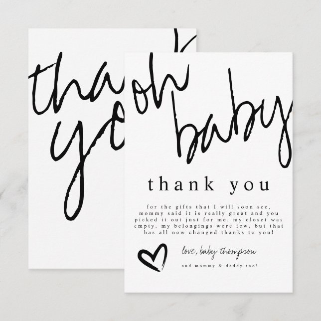 Modern Oh Baby Black & White Baby Shower Tack Kort (Fram/baksida)