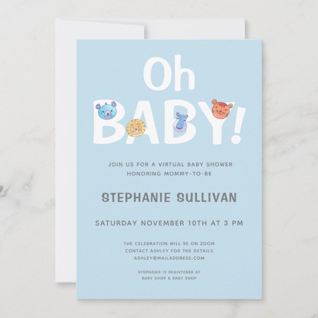 Modern Oh Baby blue Boy Virtuell Baby Shower Inbjudningar (Framsida)