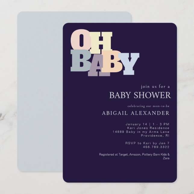 Modern Oh Baby Navy Baby Shower Inbjudningar (Fram/baksida)