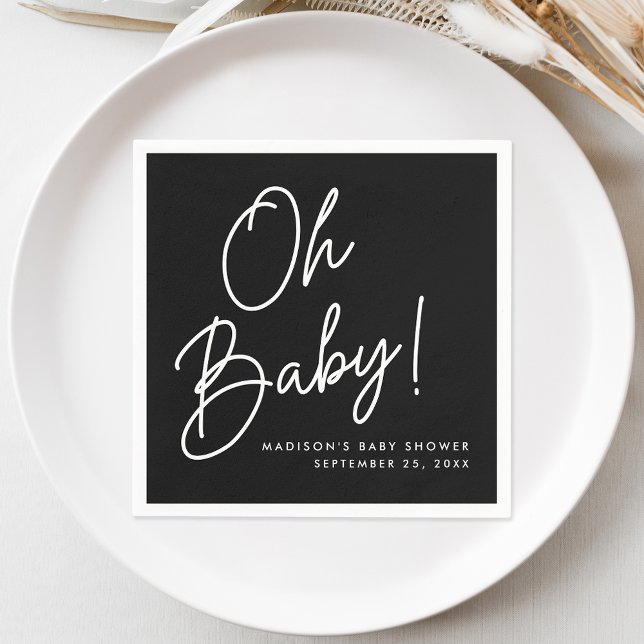 Modern Oh Baby Script Black and White Baby Shower Pappersservett (Skapare uppladdad)