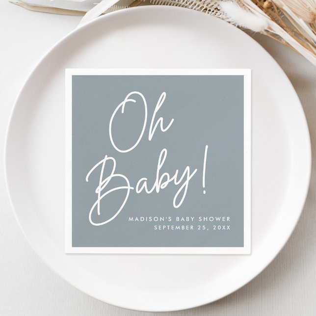 Modern Oh Baby skript Dusty Blue Baby Shower Pappersservett (Skapare uppladdad)