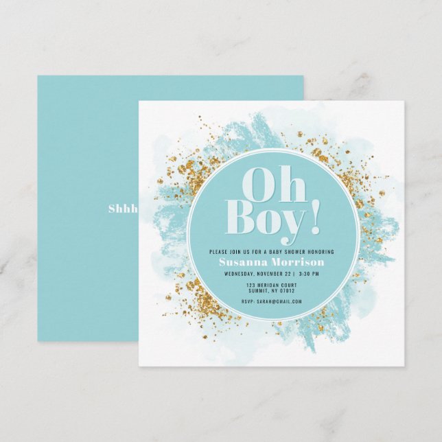 Modern Oh Boy Baby Shower Glitter Inbjudan (Fram/baksida)
