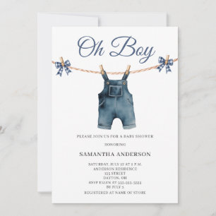 Modern Oh Boy Blå Overaller Barnkalas Inbjudningar