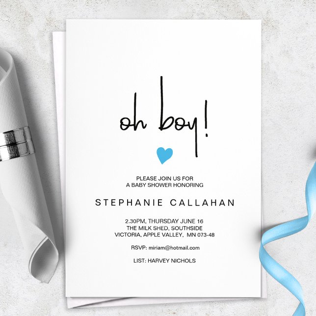 Modern Oh Boy Blue Heart Baby Shower-inbjudan Inbjudningar (Skapare uppladdad)