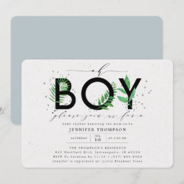 Modern Oh Boy Blue Tropical Greenery Baby Shower Inbjudningar