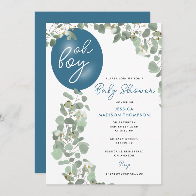 Modern Oh Boy Eucalyptus Blue Balloon Baby Shower Inbjudningar (Fram/baksida)