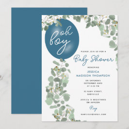 Modern Oh Boy Eucalyptus Blue Balloon Baby Shower Inbjudningar