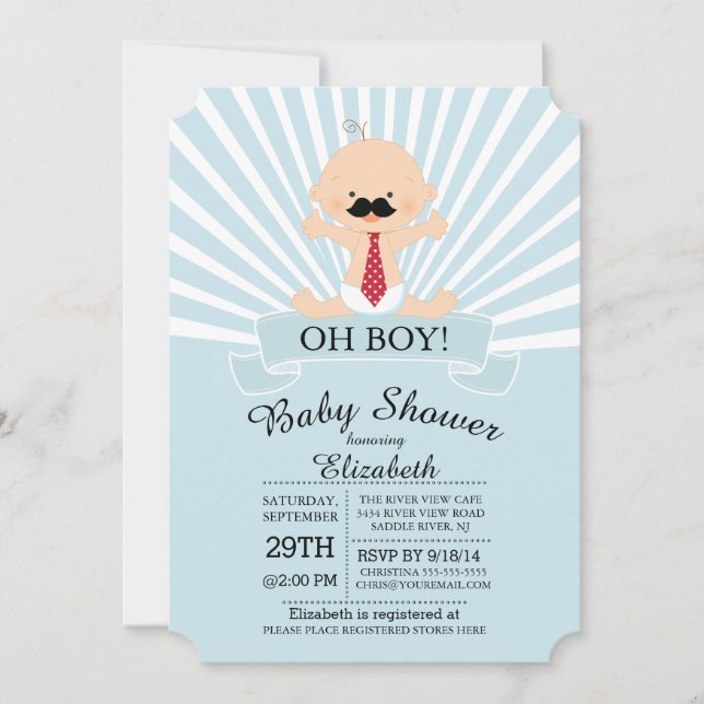 Modern Oh Boy Mustache Boys Baby Shower Inbjudningar (Framsida)