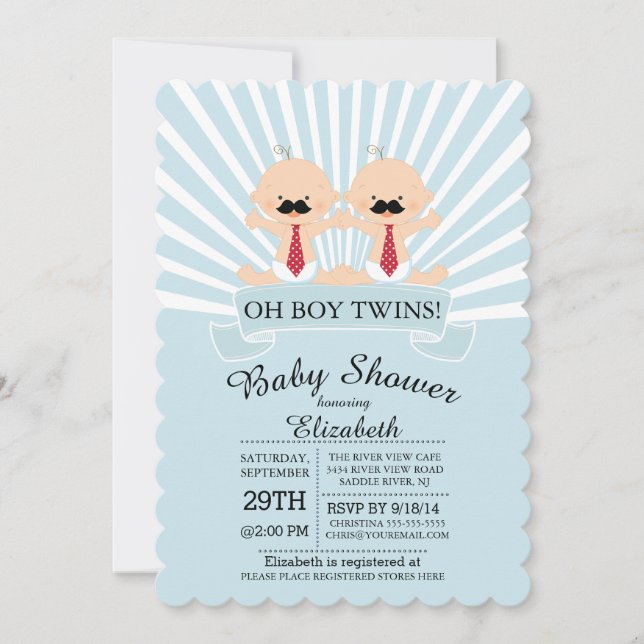Modern Oh Boy Mustache Twin Boys Baby Shower Inbjudningar (Framsida)