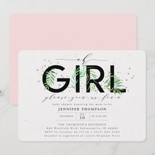 Modern Oh Girl  Tropical Greenery Baby Shower Inbjudningar (Fram/baksida)