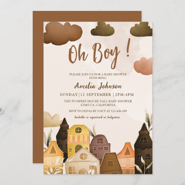 Modern Oh pojk brun boho Baby Shower Inbjudningar (Fram/baksida)