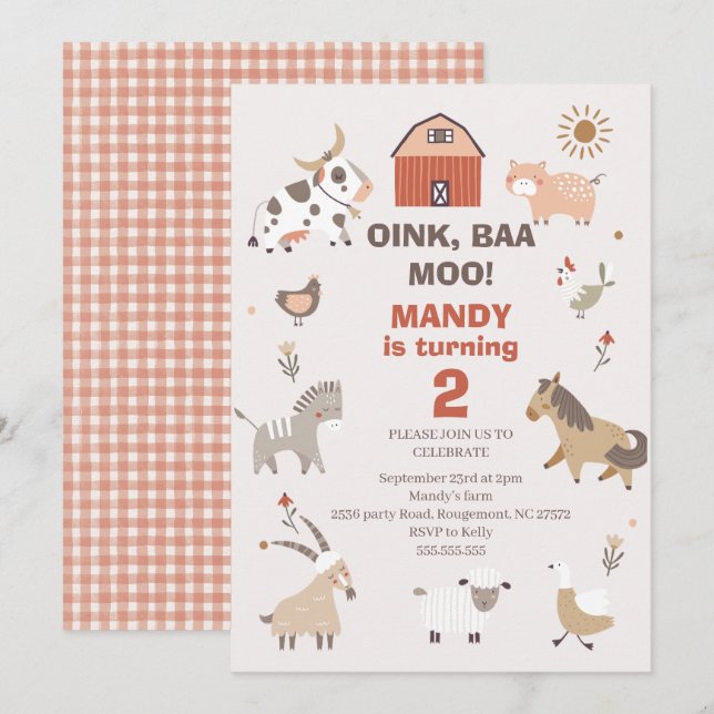 Modern Oink Baa Moo Farm Birthday-inbjudan Inbjudningar (Fram/baksida)