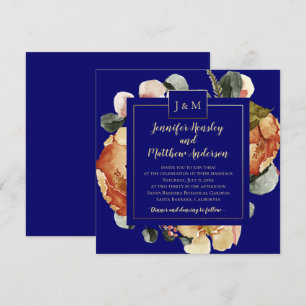Modern oktober Blooms Navy Blue Monogram Bröllop Inbjudningar