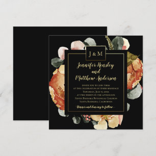 Modern Oktoberblooms på Black Monogram Bröllop Inbjudningar