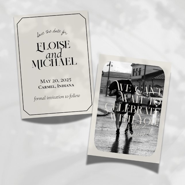 Modern Old Money Typography Bröllop spara datum Inbjudningar (Announce your special day with this Modern Save the Date Card featuring bold arched typography and a)