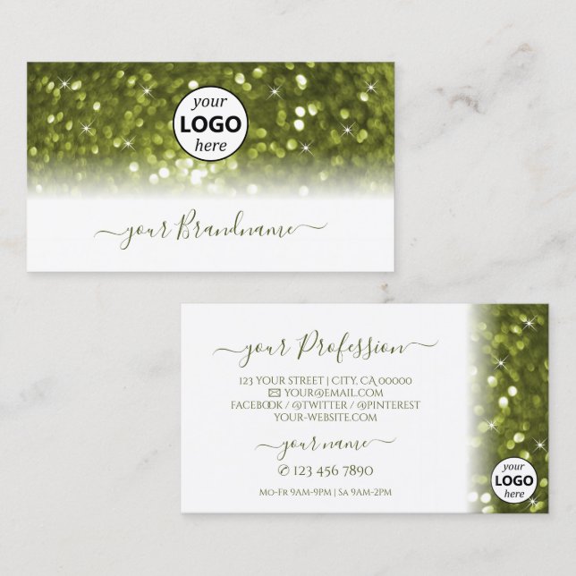Modern Oliv grönt Bright Gnistra Glitter Add Logot Visitkort (Fram/baksida)