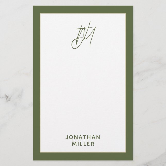 Modern Oliv grönt monogram Brevpapper (Framsida)