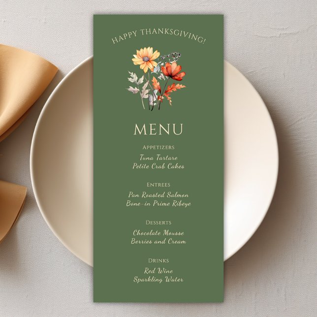 Modern Oliv grönt Thanksgiving - middag Meny (Modern Rustic Olive Green Thanksgiving Dinner Menu)