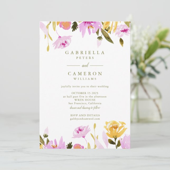 Modern Oliv Rosa Vattenfärg Blommig Bröllop Inbjudningar (Stående Fram)