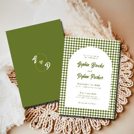 Modern Olive Green Old Money Checkered Wedding Inbjudningar