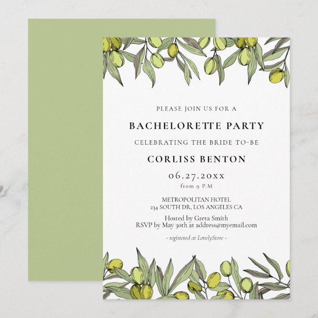 Modern Olive gren Bachelorette Party Inbjudningar (Fram/baksida)