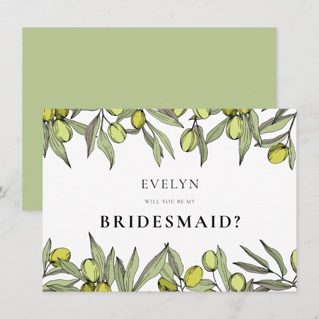 Modern Olive gren Bridesmaid frieri kort (Fram/baksida)