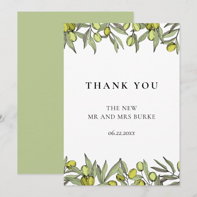 Modern Olive gren bröllop Tack Kort (Fram/baksida)
