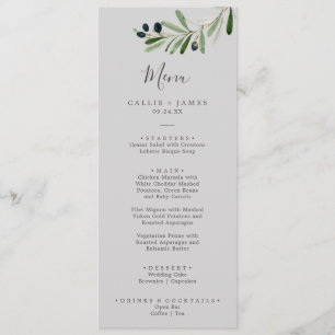 Modern Olive Gren Grått Bröllop Middag Menu Meny