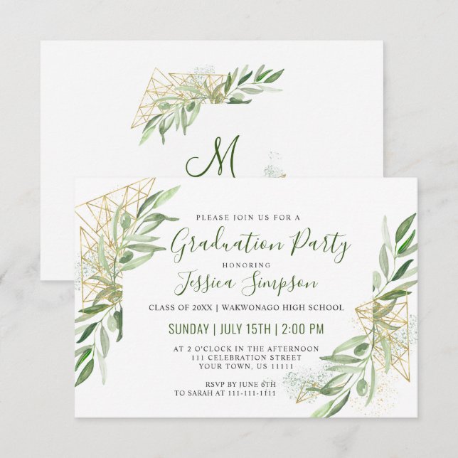 Modern Olive Gren Greenery Studentfest Inbjudningar (Fram/baksida)