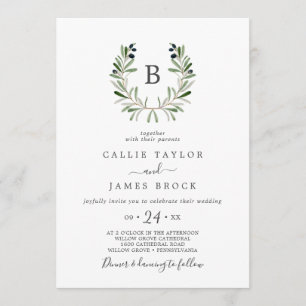 Modern Olive Gren Monogram Bröllop Inbjudningar