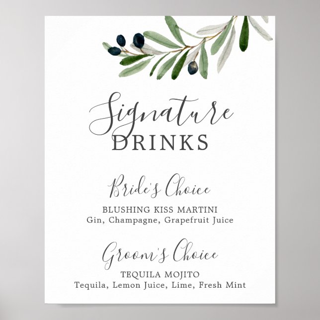 Modern Olive Gren Namnteckning Drinks-tecken Poster (Framsidan)