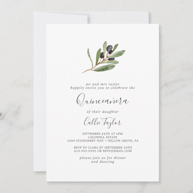 Modern Olive Gren Quinceañera Inbjudningar (Framsida)
