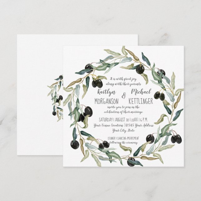 Modern Olive Löv Watercolor Art Typografi Inbjudningar (Fram/baksida)