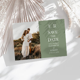 Modern Olive Monogram Photo Save Date Card Inbjudningar
