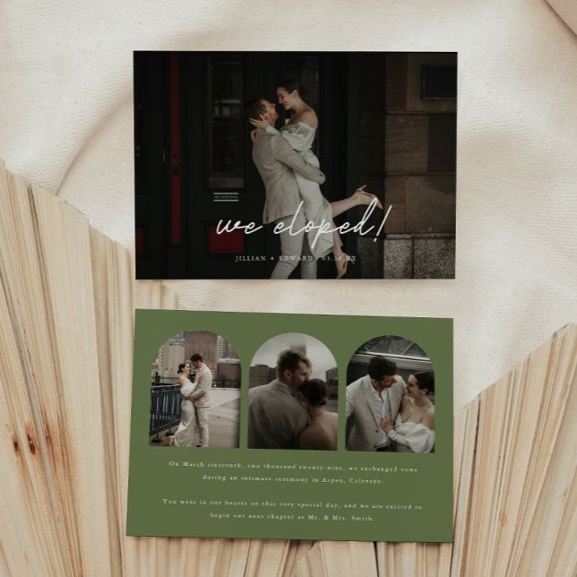 Modern Olivgrön 4-Foto Båge Bröllop Elopement Meddelande (Skapare uppladdad)