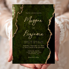 Modern Olivgrön Agat Guld Script Bröllop Inbjudningar