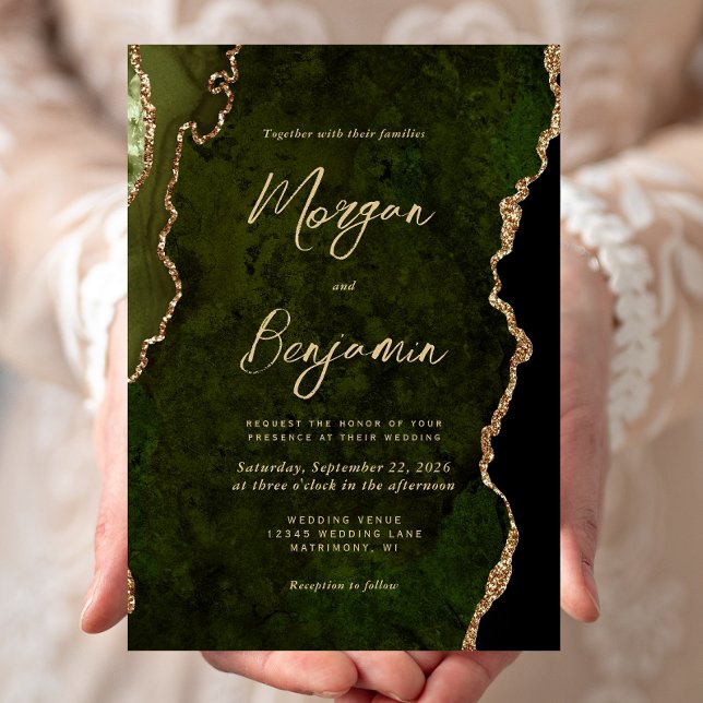 Modern Olivgrön Agat Guld Script Bröllop Inbjudningar (Skapare uppladdad)