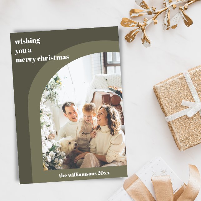 Modern Olivgrön Båge Två Vertikala Foto  Julkort (Skapare uppladdad)