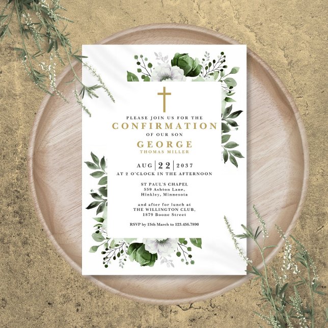 Modern Olivgrön Blommig Botanisk Konfirmation Inbjudningar (Olive Green Floral Botanical Modern Confirmation Invitation)